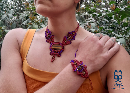 Red Macrame Necklace with Tiger Eye Gemstones Purple Adjustable Choker