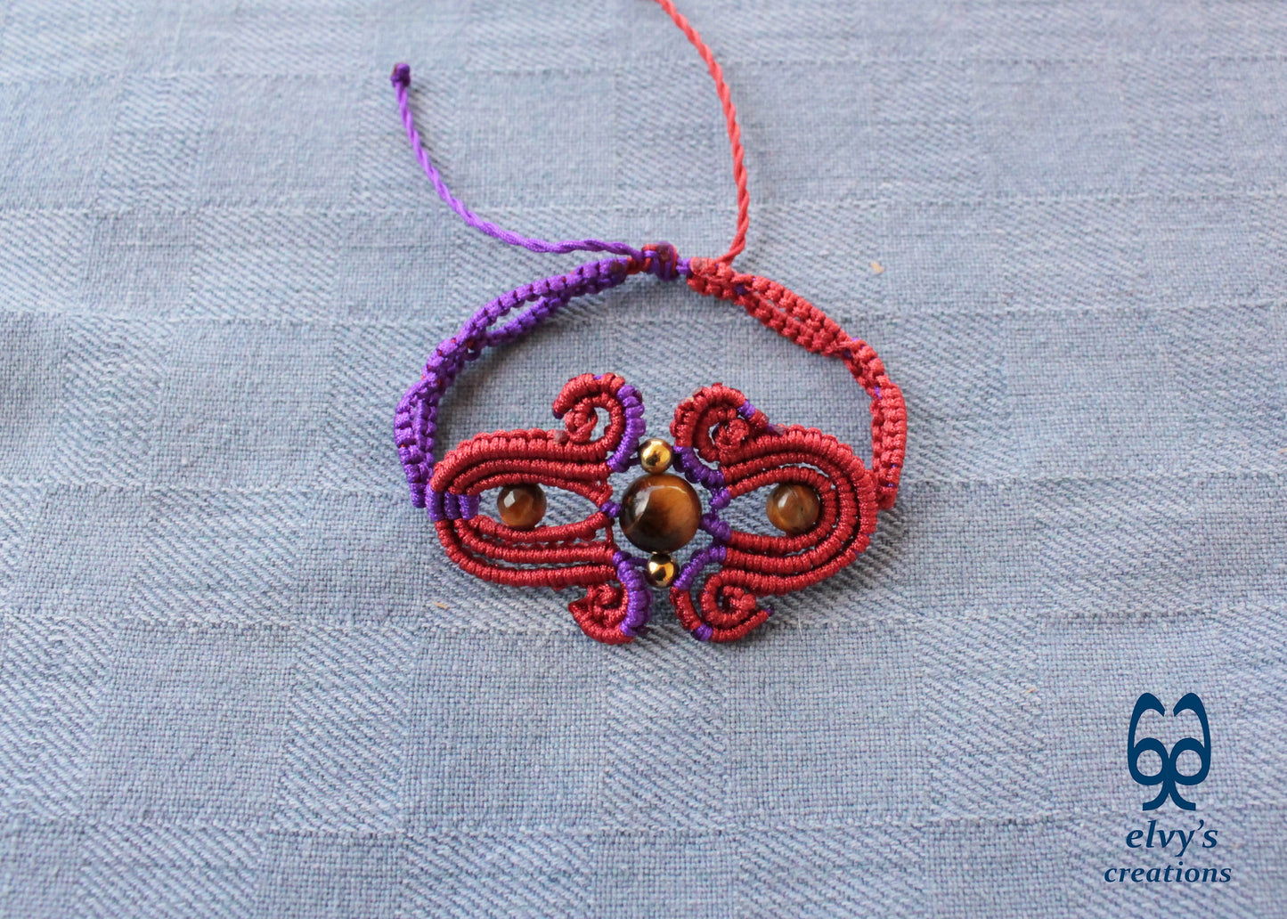 Red Macrame Bracelet with Tiger Eye Gemstones Purple Adjustable Cuff Bracelet