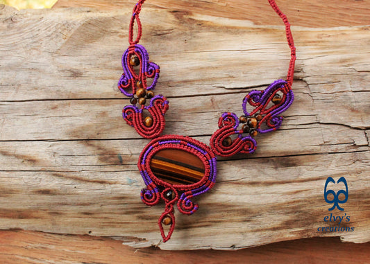 Red Macrame Necklace with Tiger Eye Gemstones Purple Adjustable Choker