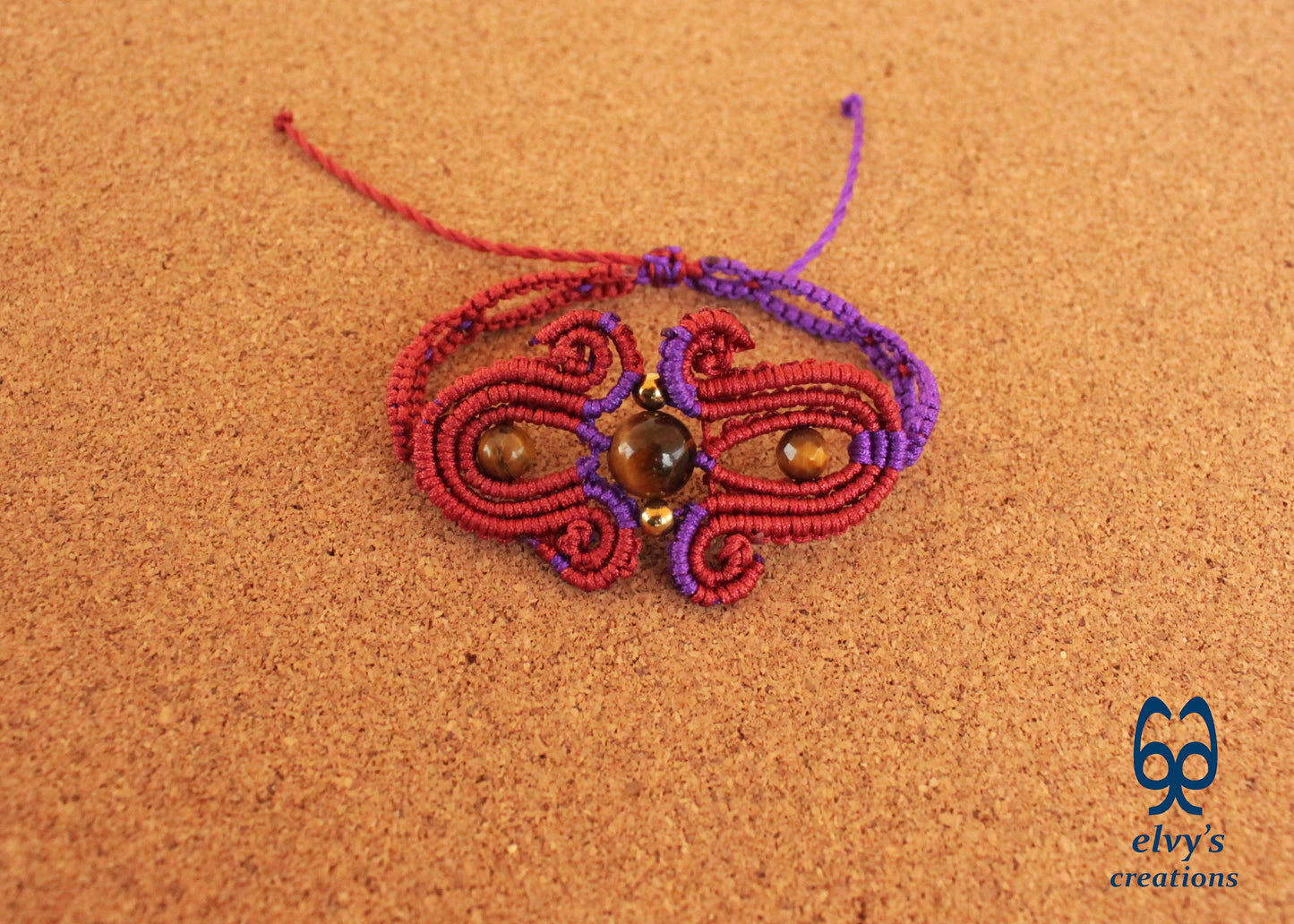 Red Macrame Bracelet with Tiger Eye Gemstones Purple Adjustable Cuff Bracelet