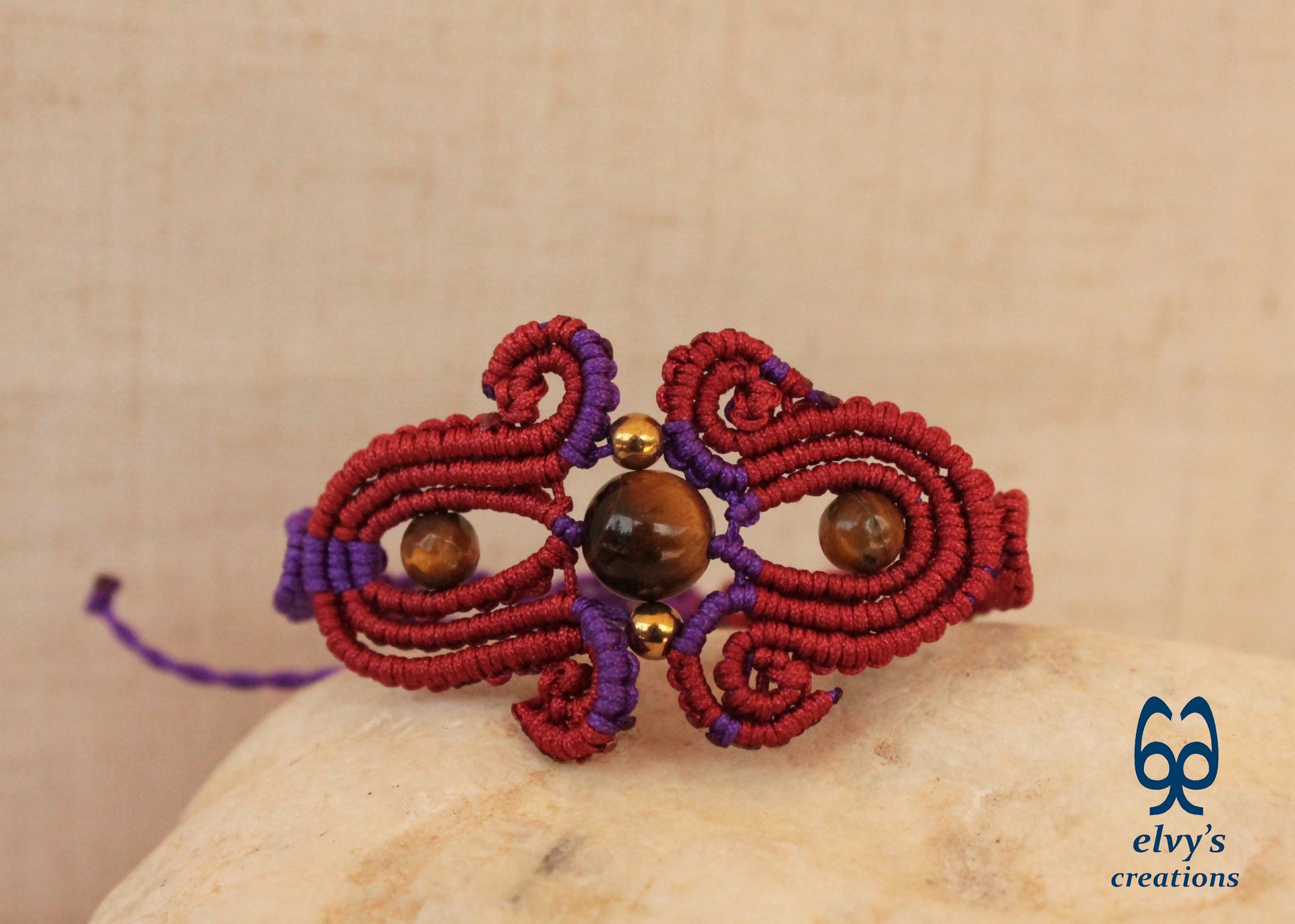 Red Macrame Bracelet with Tiger Eye Gemstones Purple Adjustable Cuff Bracelet