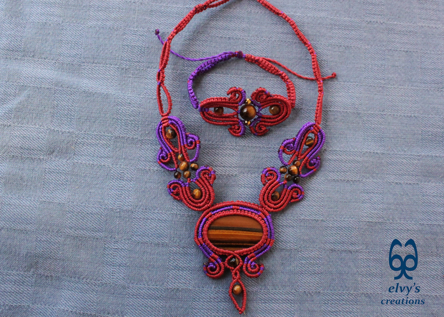 Red Macrame Necklace with Tiger Eye Gemstones Purple Adjustable Choker