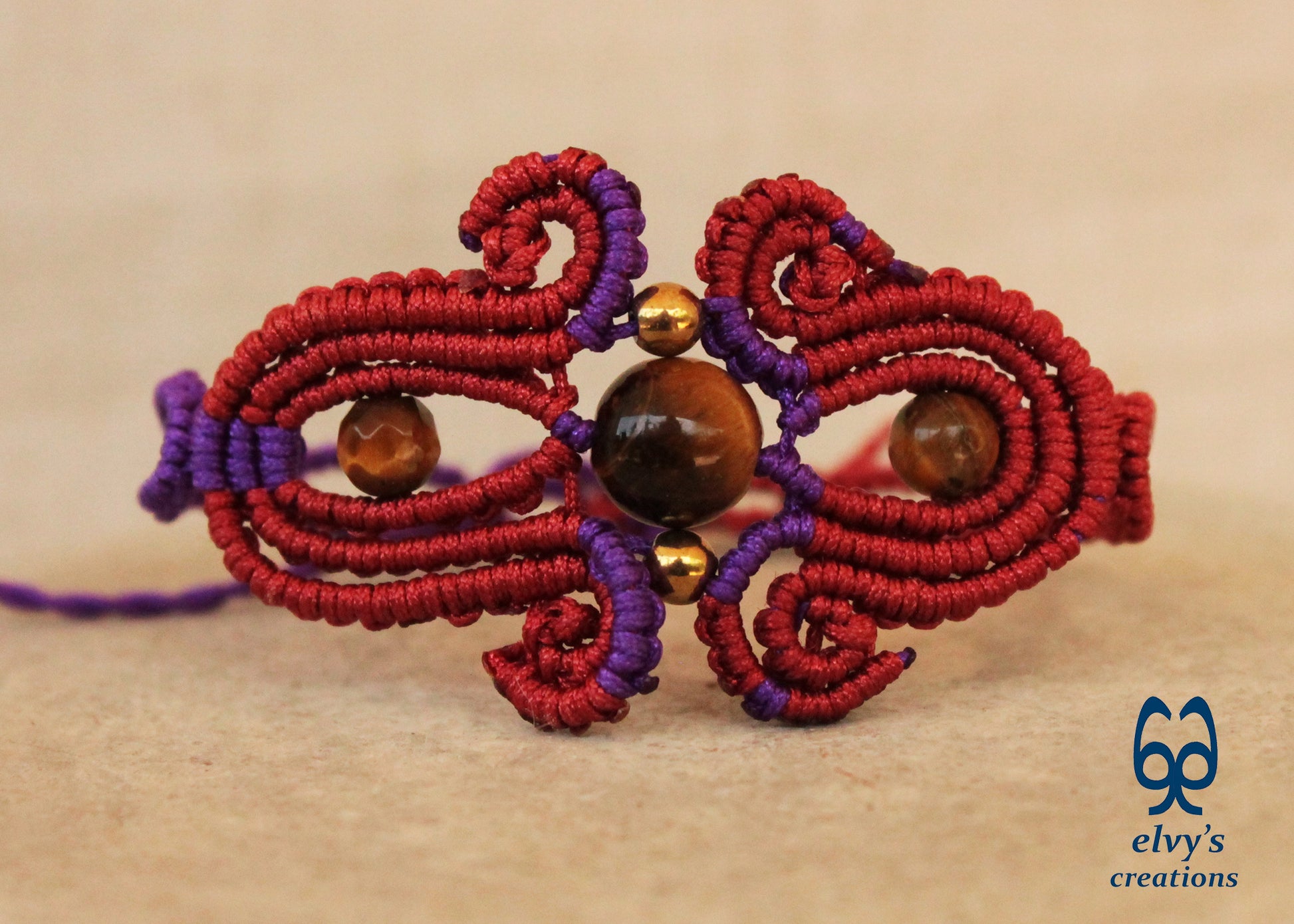 Red Macrame Bracelet with Tiger Eye Gemstones Purple Adjustable Cuff Bracelet