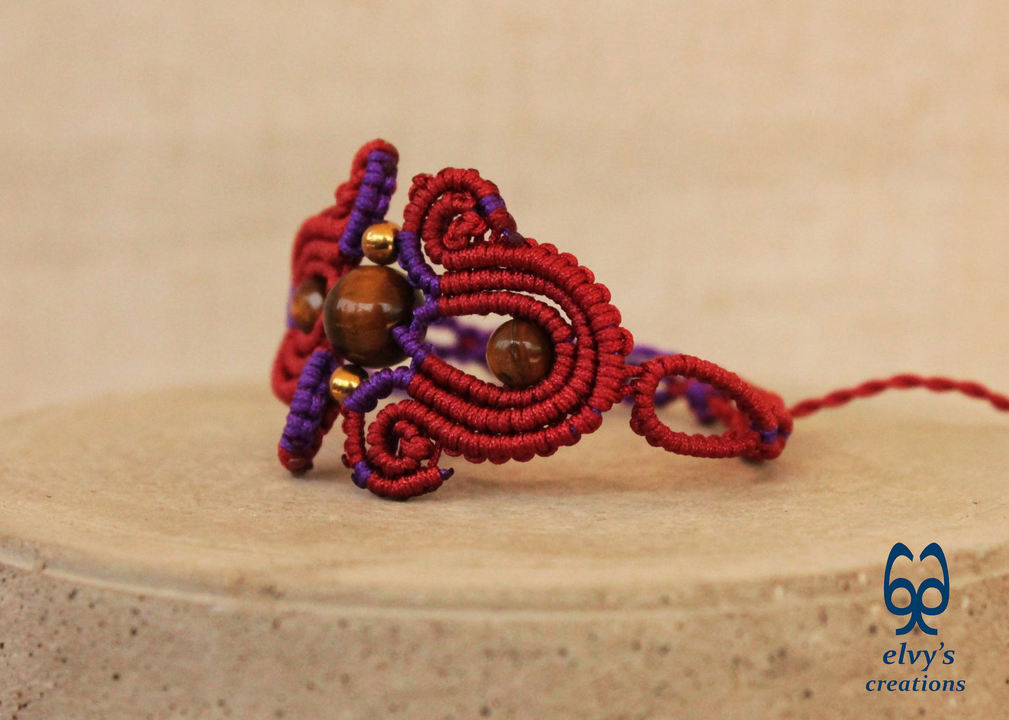 Red Macrame Bracelet with Tiger Eye Gemstones Purple Adjustable Cuff Bracelet