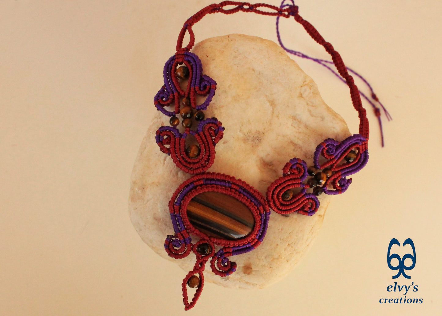 Red Macrame Necklace with Tiger Eye Gemstones Purple Adjustable Choker