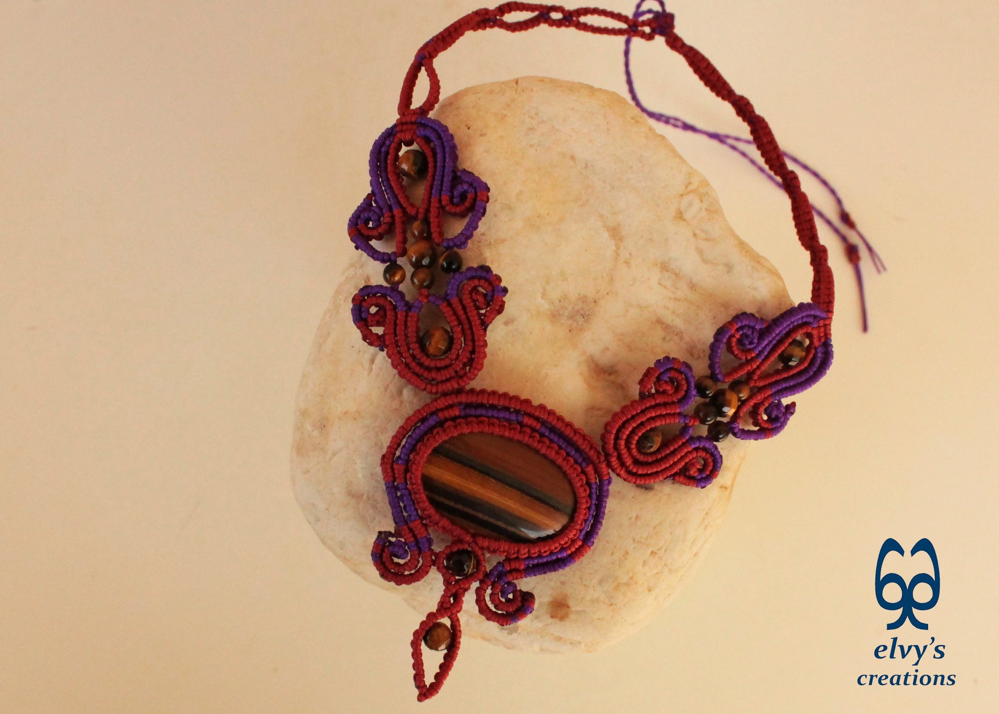 Red Macrame Necklace with Tiger Eye Gemstones Purple Adjustable Choker