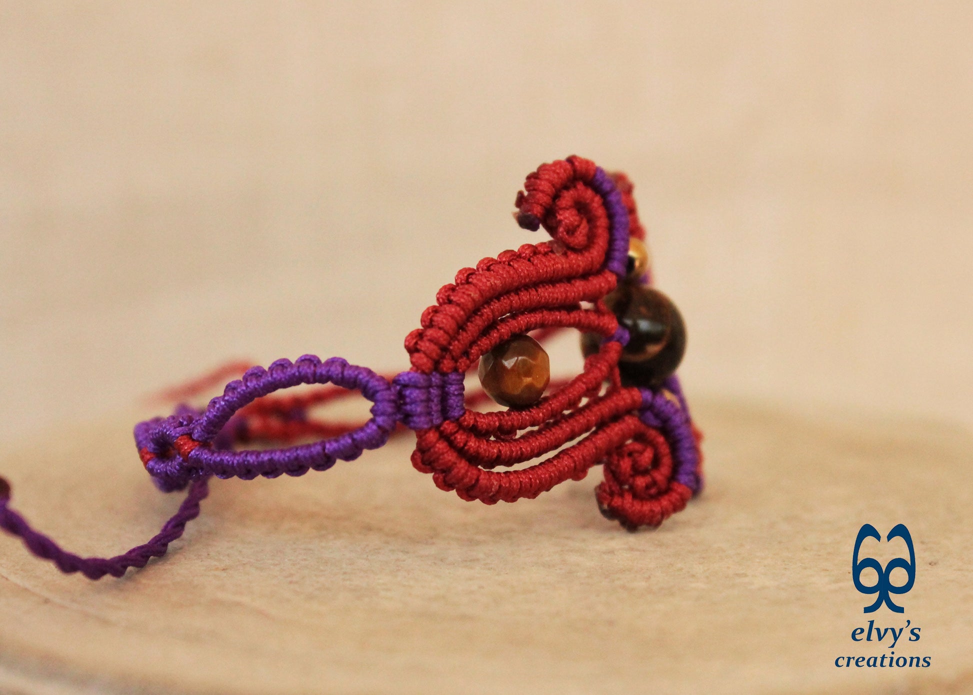 Red Macrame Bracelet with Tiger Eye Gemstones Purple Adjustable Cuff Bracelet