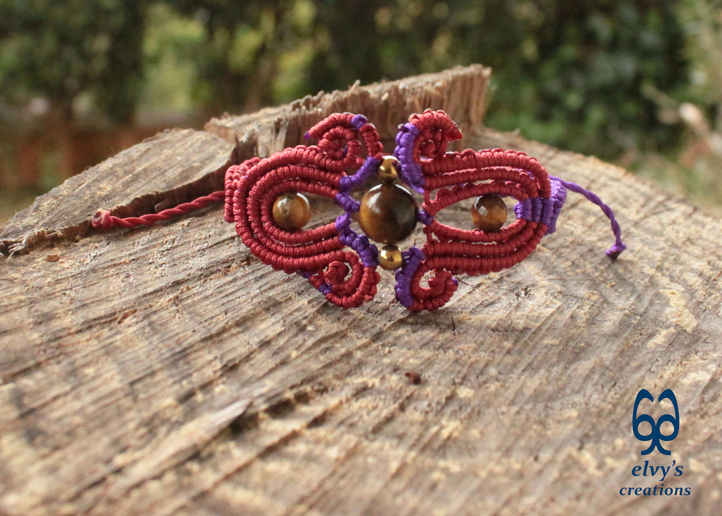 Red Macrame Bracelet with Tiger Eye Gemstones Purple Adjustable Cuff Bracelet