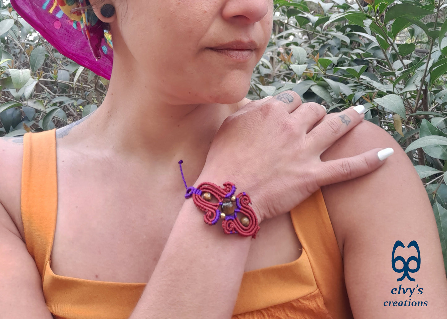 Red Macrame Bracelet with Tiger Eye Gemstones Purple Adjustable Cuff Bracelet