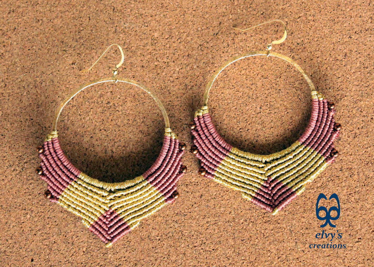 Handmade Gold Macrame Earrings, Dangle Hematite Gemstone Beads Hoop Earrings, Birthday Gift for Women