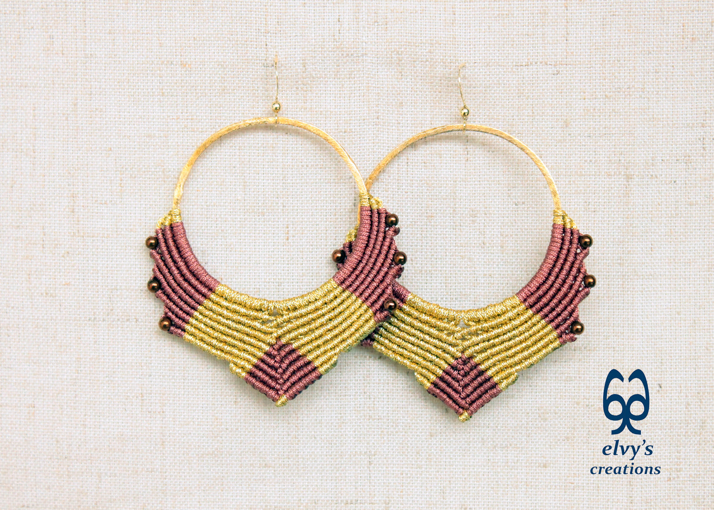 Handmade Gold Macrame Earrings, Dangle Hematite Gemstone Beads Hoop Earrings, Birthday Gift for Women