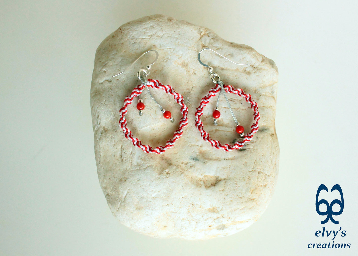 Handmade White and Red Macrame Earrings, Candy Cane Christmas Earrings, Dangle Gemstone Beads Earrings, Birthday Gift for Women