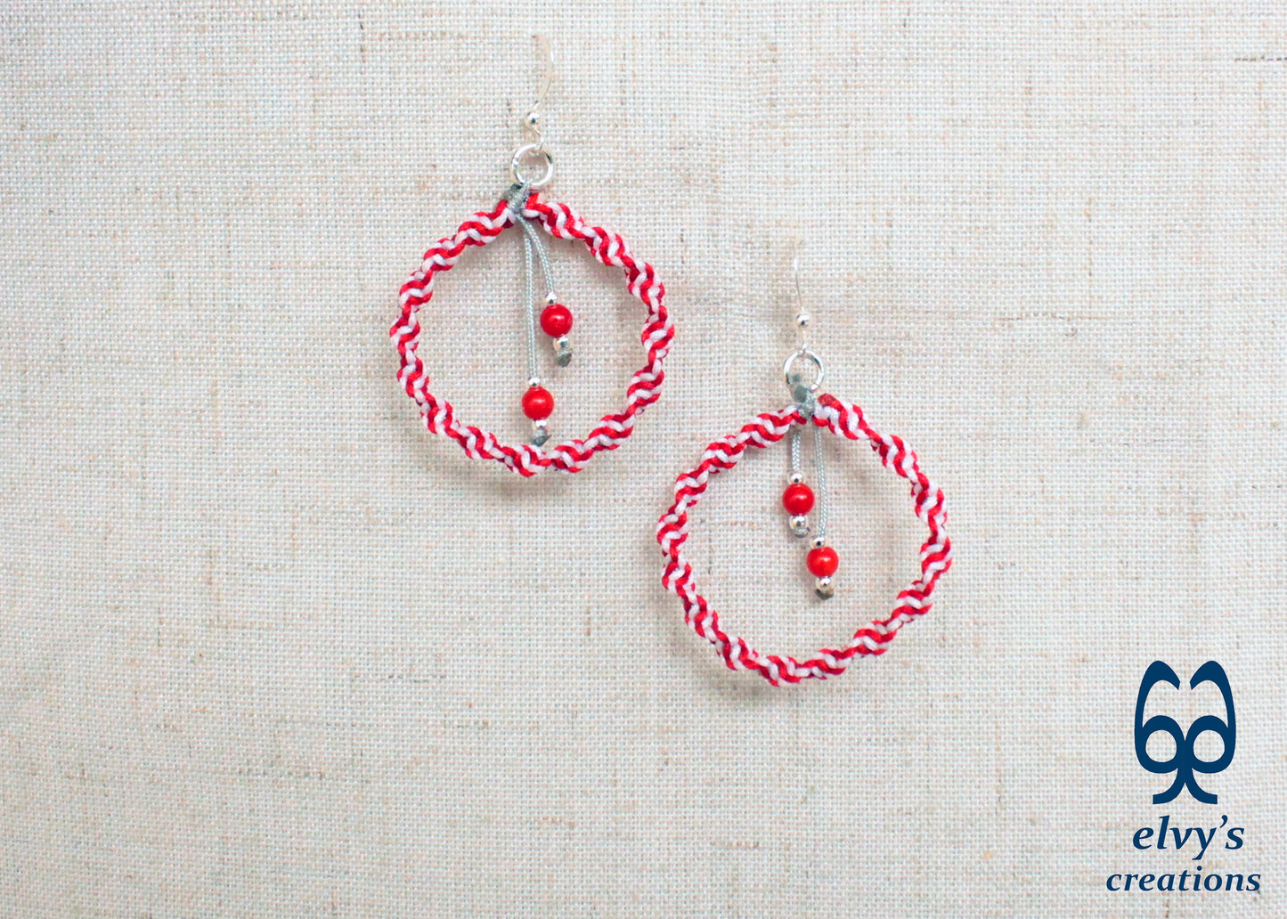 Handmade White and Red Macrame Earrings, Candy Cane Christmas Earrings, Dangle Gemstone Beads Earrings, Birthday Gift for Women