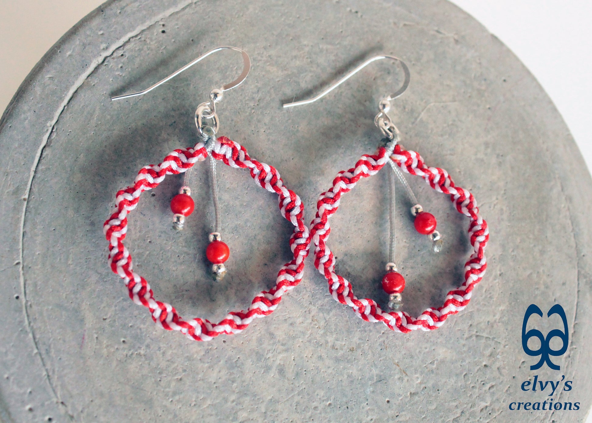 Handmade White and Red Macrame Earrings, Candy Cane Christmas Earrings, Dangle Gemstone Beads Earrings, Birthday Gift for Women