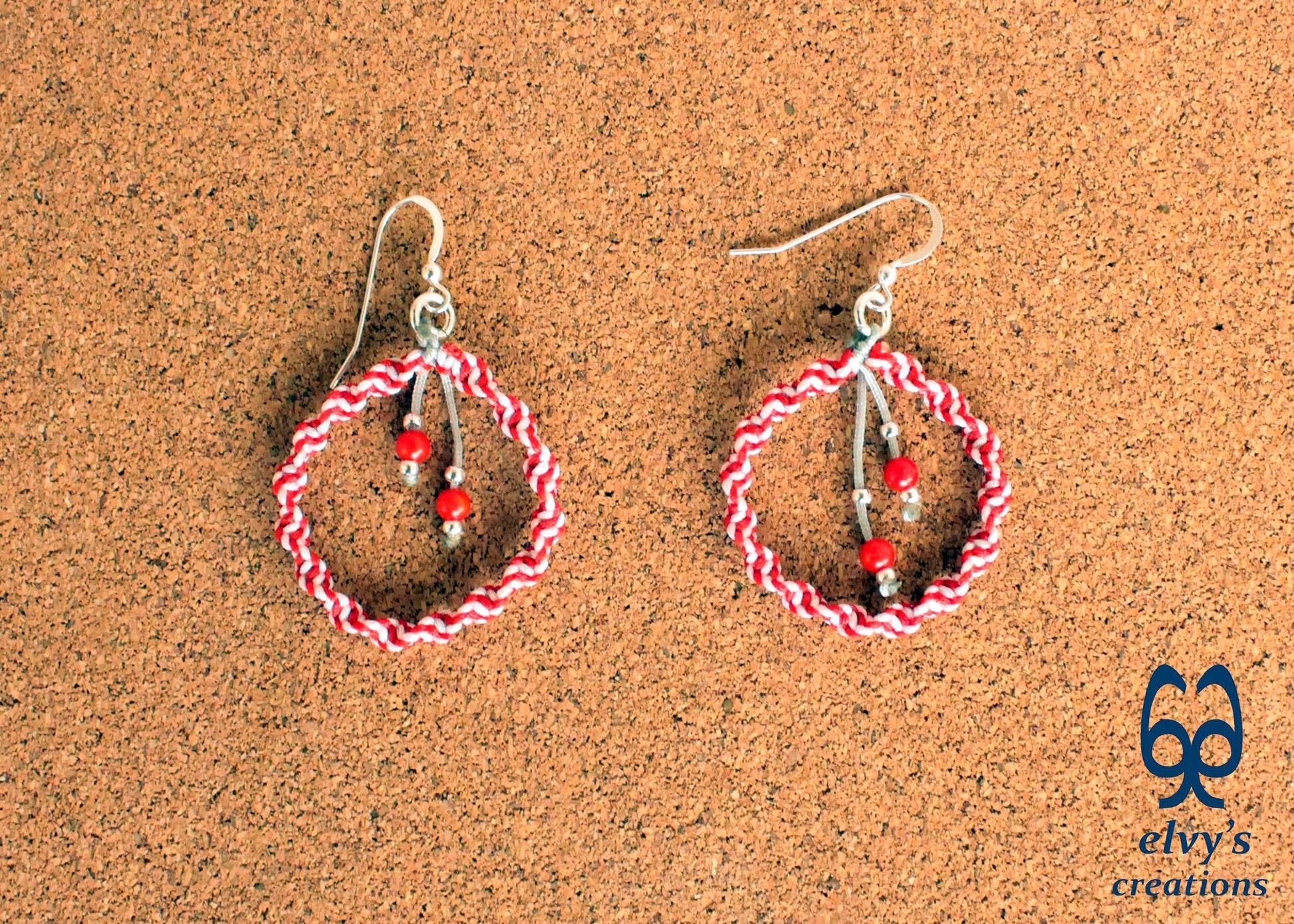 Handmade White and Red Macrame Earrings, Candy Cane Christmas Earrings, Dangle Gemstone Beads Earrings, Birthday Gift for Women