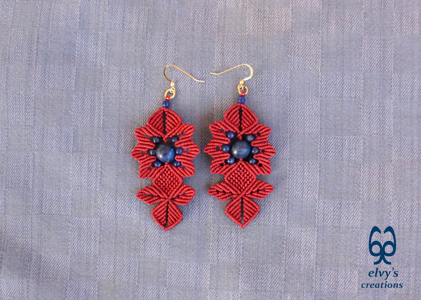 Red Macrame Earrings with Long Dangle with Blue Lapis Lazuli Gemstones