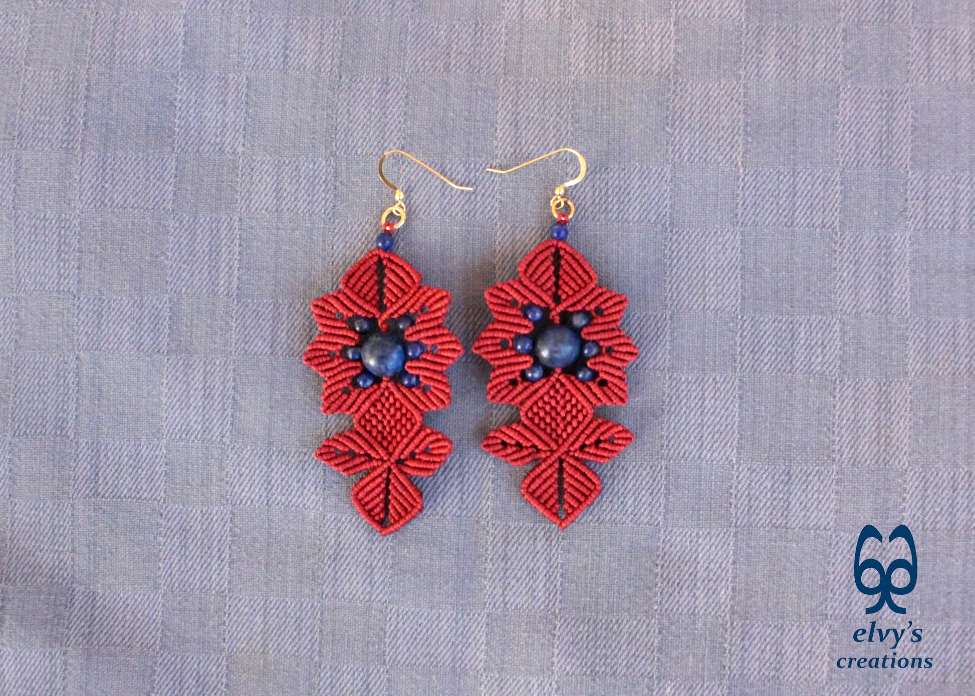 Red Macrame Earrings with Long Dangle with Blue Lapis Lazuli Gemstones