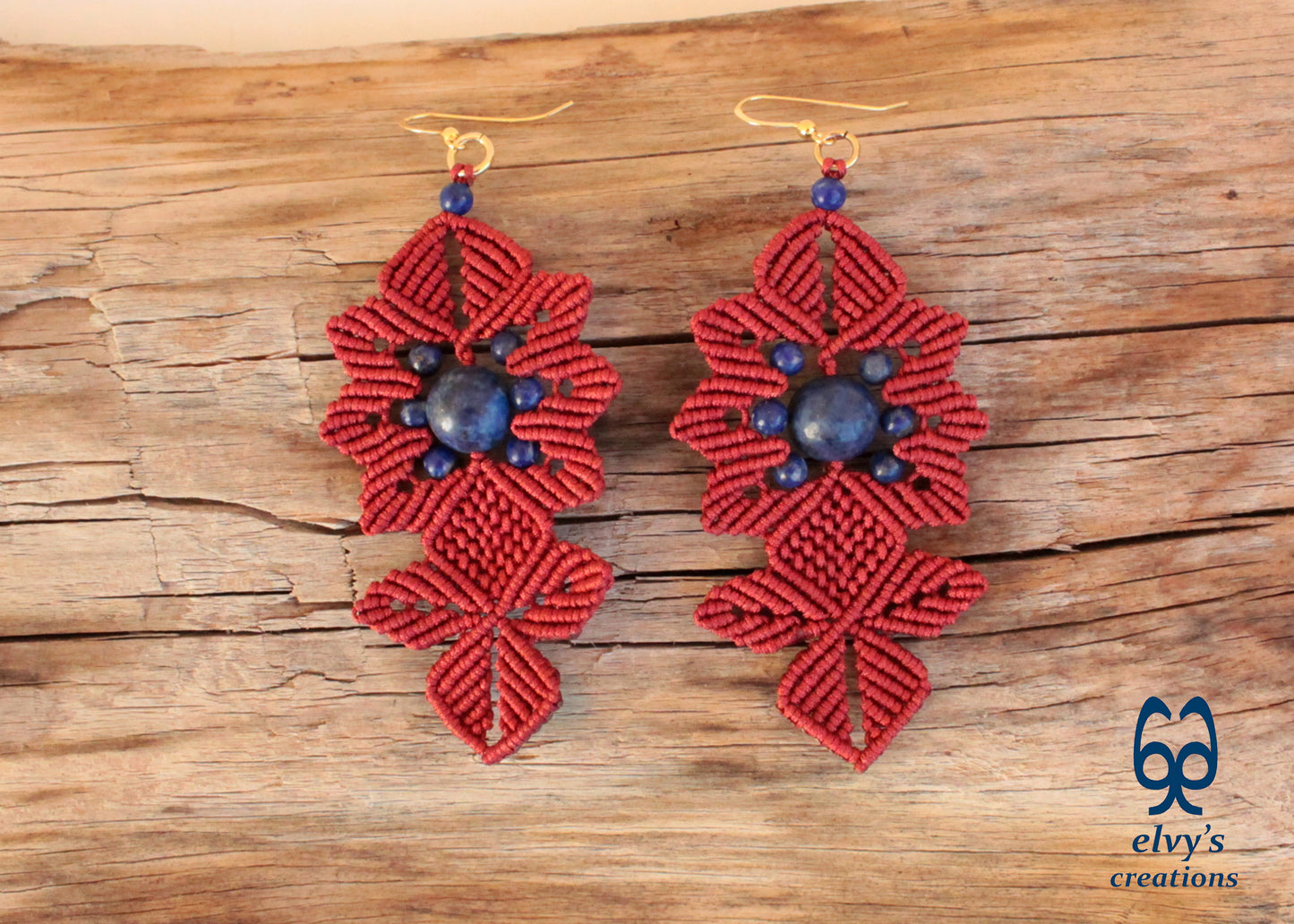 Red Macrame Earrings with Long Dangle with Blue Lapis Lazuli Gemstones