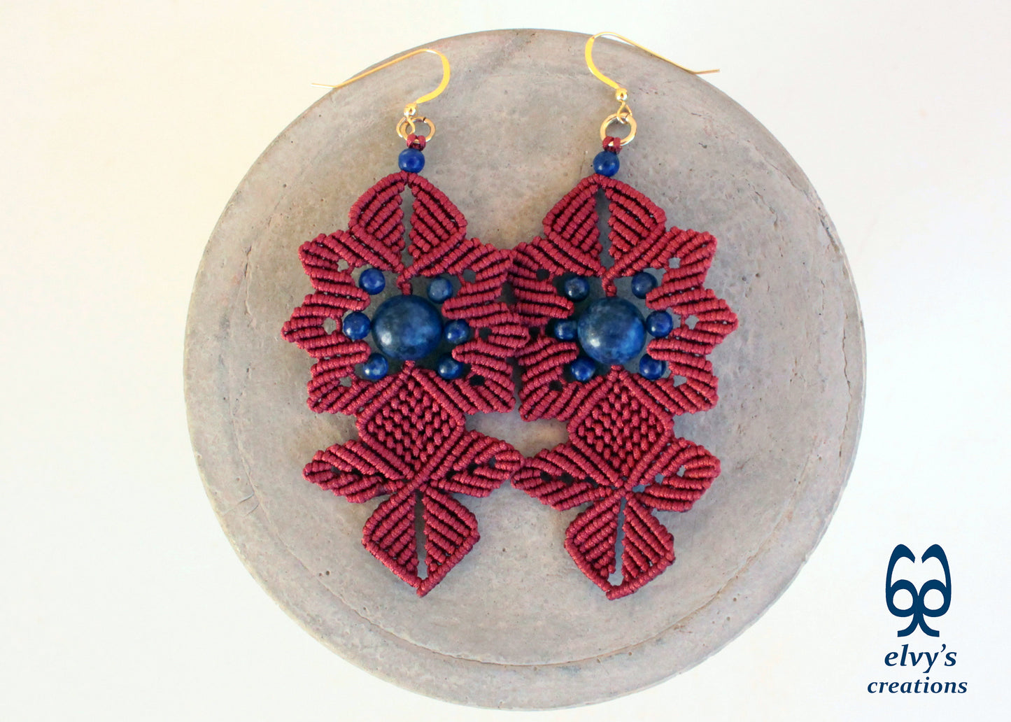 Red Macrame Earrings with Long Dangle with Blue Lapis Lazuli Gemstones