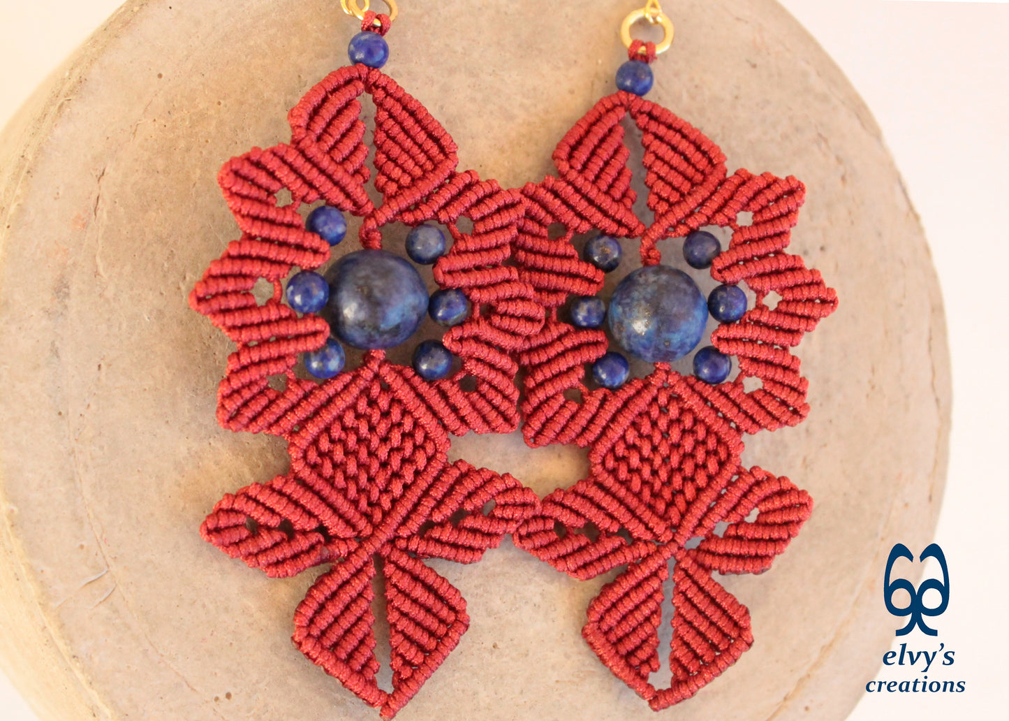 Red Macrame Earrings with Long Dangle with Blue Lapis Lazuli Gemstones