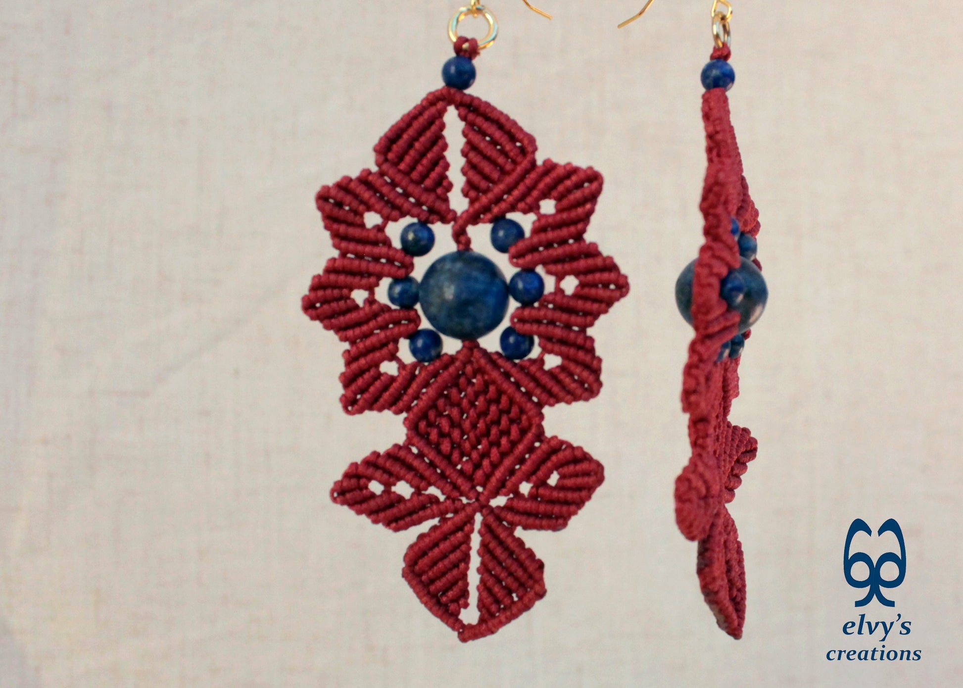 Red Macrame Earrings with Long Dangle with Blue Lapis Lazuli Gemstones