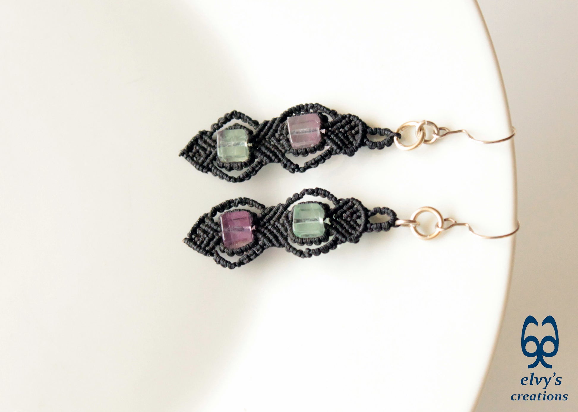 Handmade Silver Macrame Earrings,Fluorite Gemstone Beaded Earrings,Birthday Gift for Women