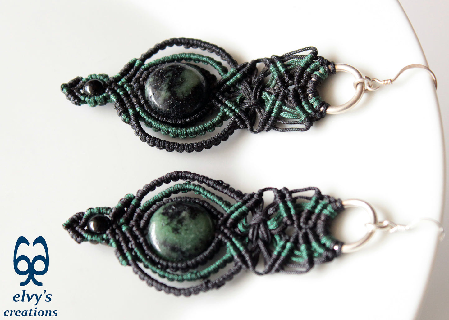 Black and Green Macrame Earrings with Onyx and Labradorite Gemstones