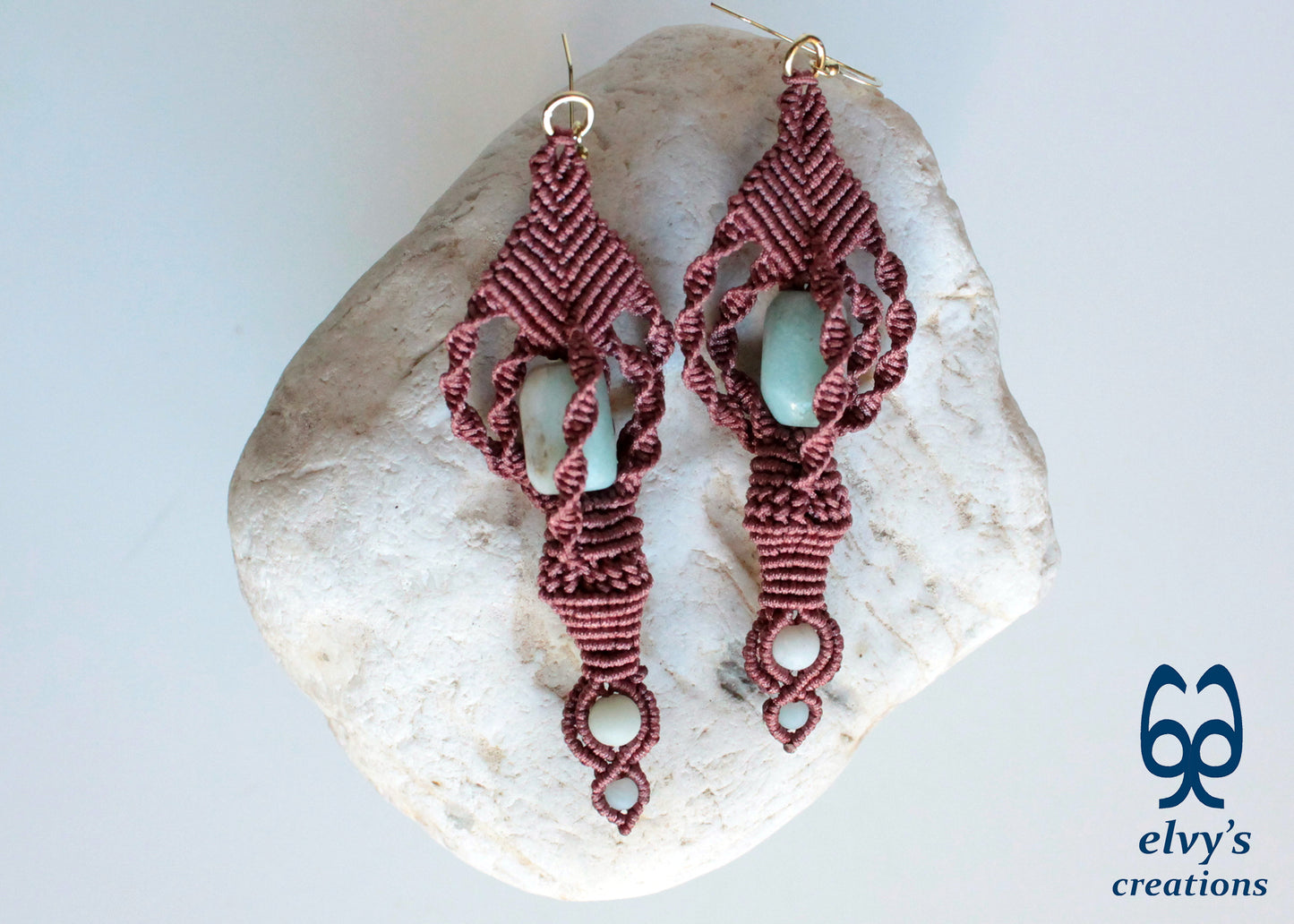 Blue Macrame Earrings, Amazonite Gemstones Beads, Unique Gift for Women Virgo Birthday Gift