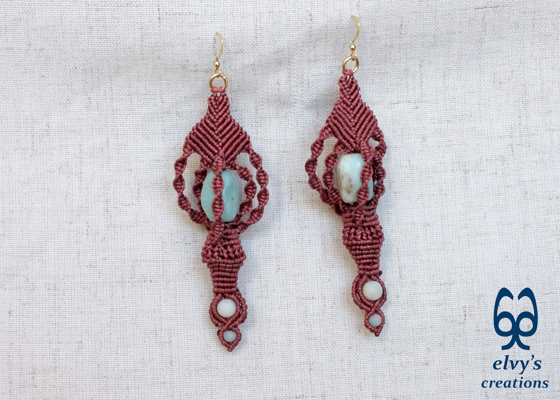 Blue Macrame Earrings, Amazonite Gemstones Beads, Unique Gift for Women Virgo Birthday Gift