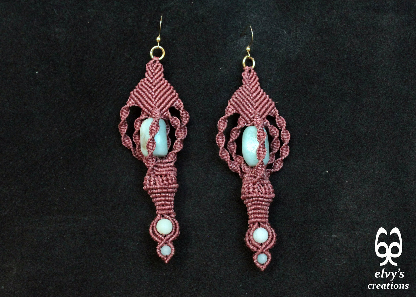 Blue Macrame Earrings, Amazonite Gemstones Beads, Unique Gift for Women Virgo Birthday Gift