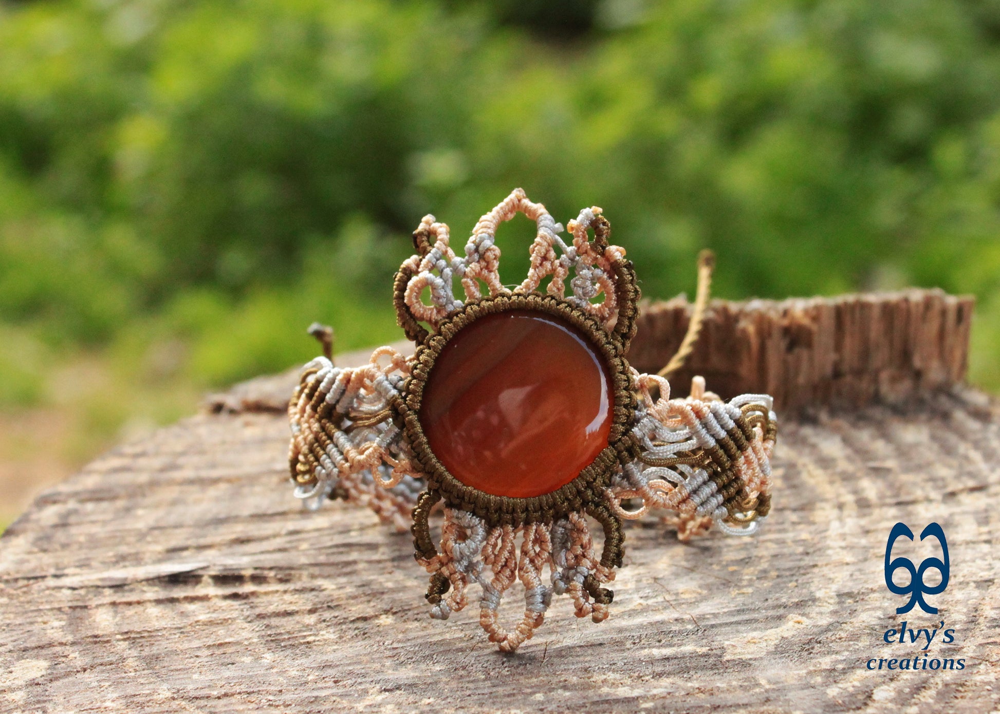Gold Macrame Bracelet with Carnelian Gemstone Mandala Adjustable Lace Bracelet