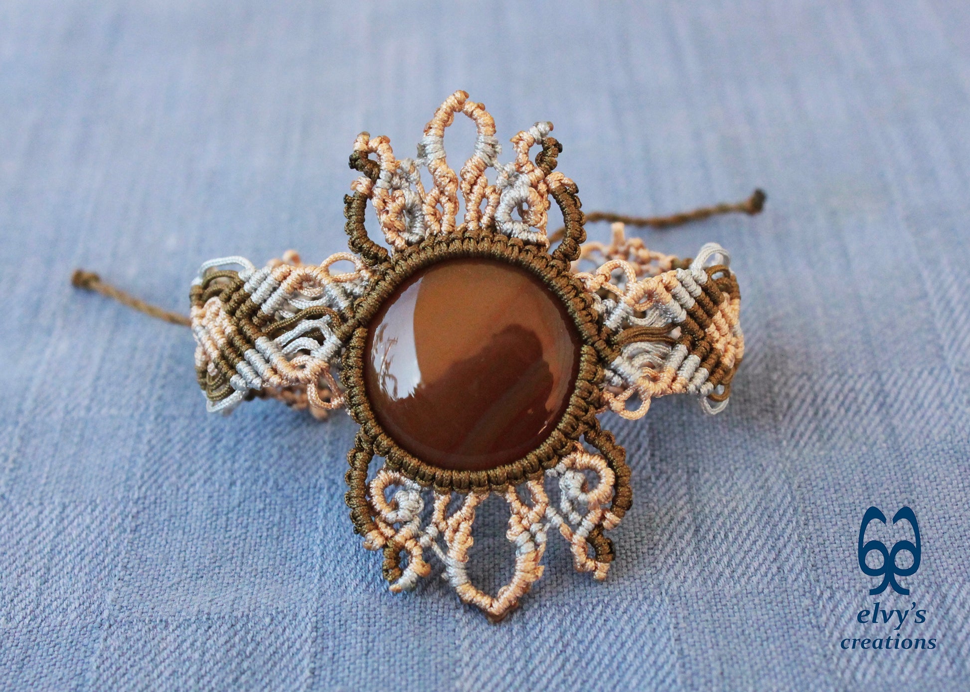 Gold Macrame Bracelet with Carnelian Gemstone Mandala Adjustable Lace Bracelet