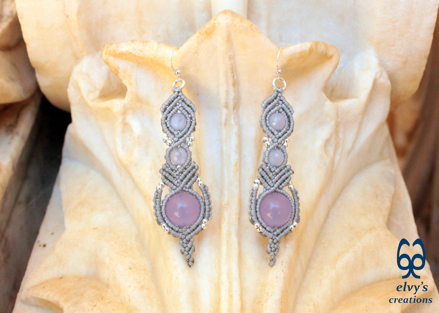 Handmade Silver Macrame Earrings, Dangle Gemstone Beads, Unique Birthday Gift For Women