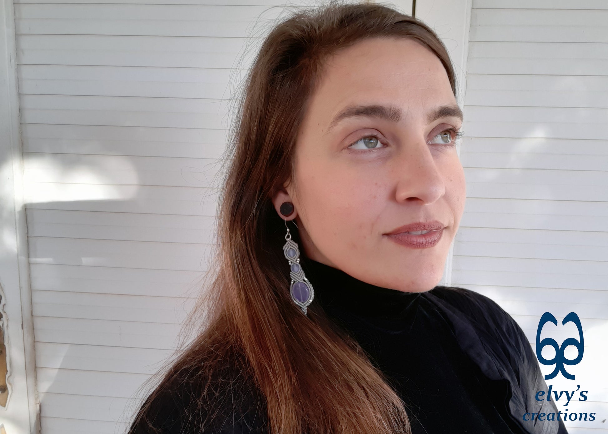 Handmade Silver Macrame Earrings, Dangle Gemstone Beads, Unique Birthday Gift For Women