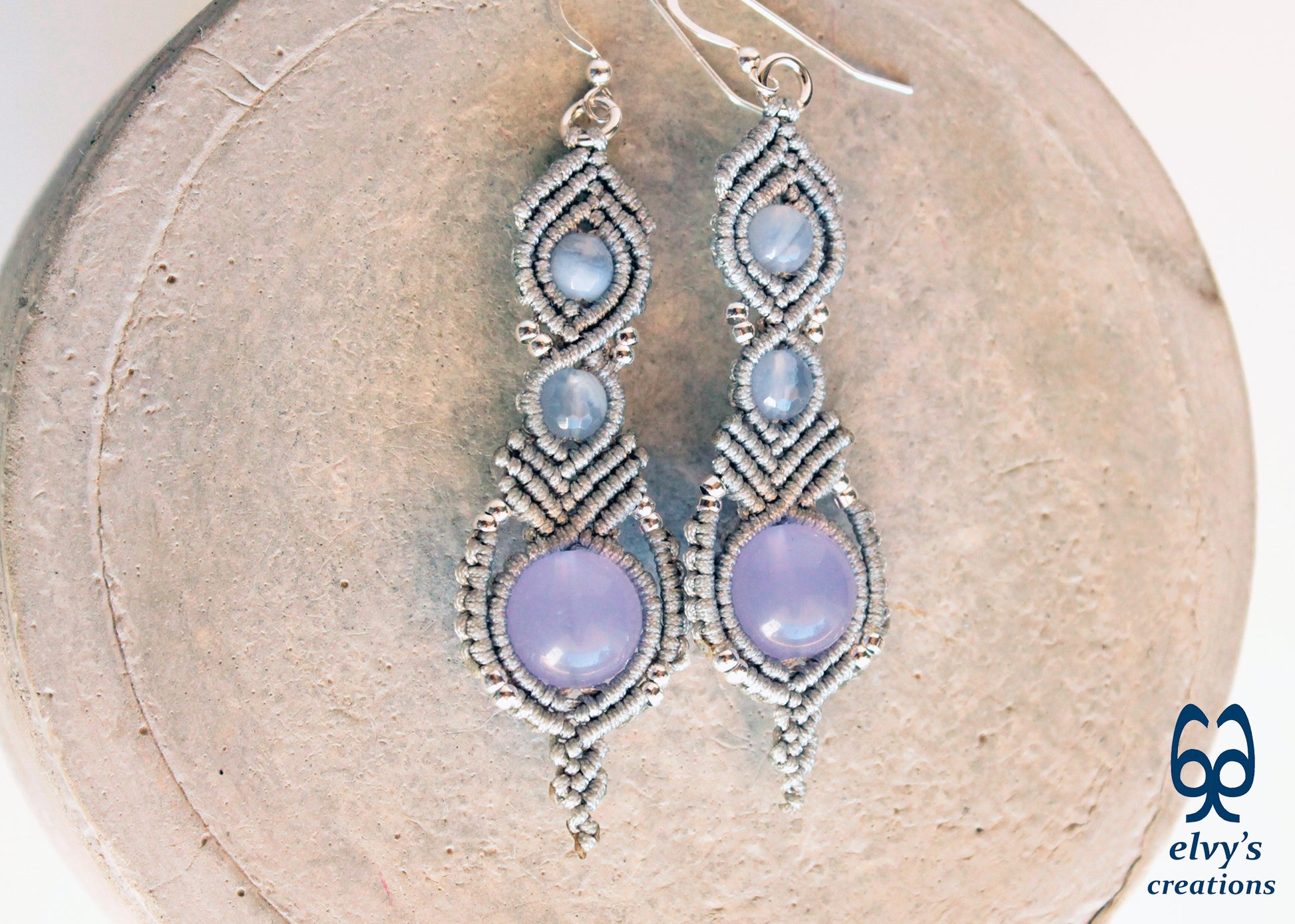 Handmade Silver Macrame Earrings, Dangle Gemstone Beads, Unique Birthday Gift For Women