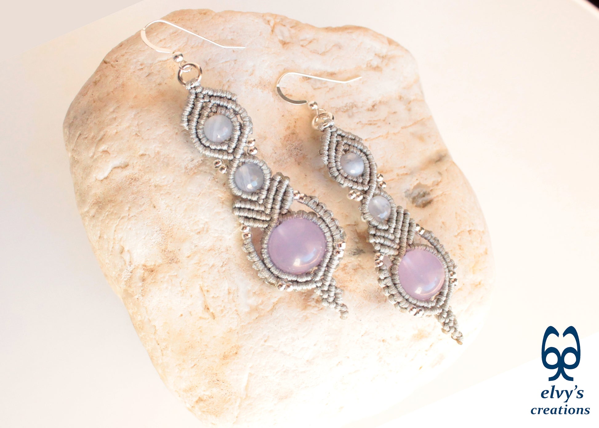 Handmade Silver Macrame Earrings, Dangle Gemstone Beads, Unique Birthday Gift For Women