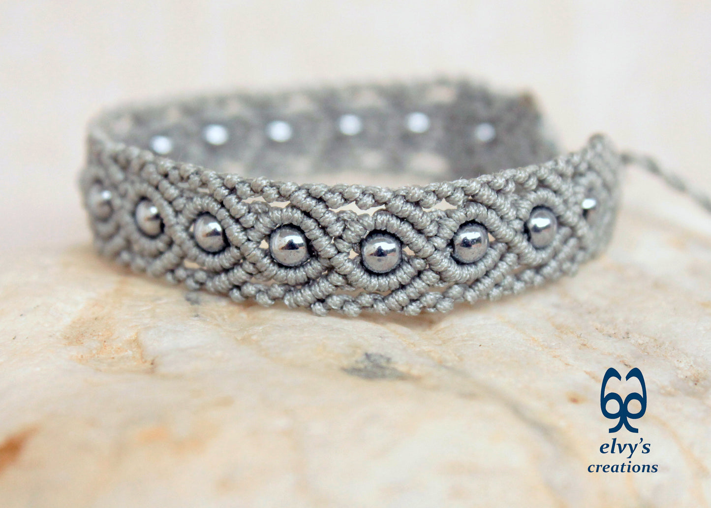 Silver Macrame Bracelet Adjustable Macrame Bracelet Silver Hematite Gemstones Gift for Women