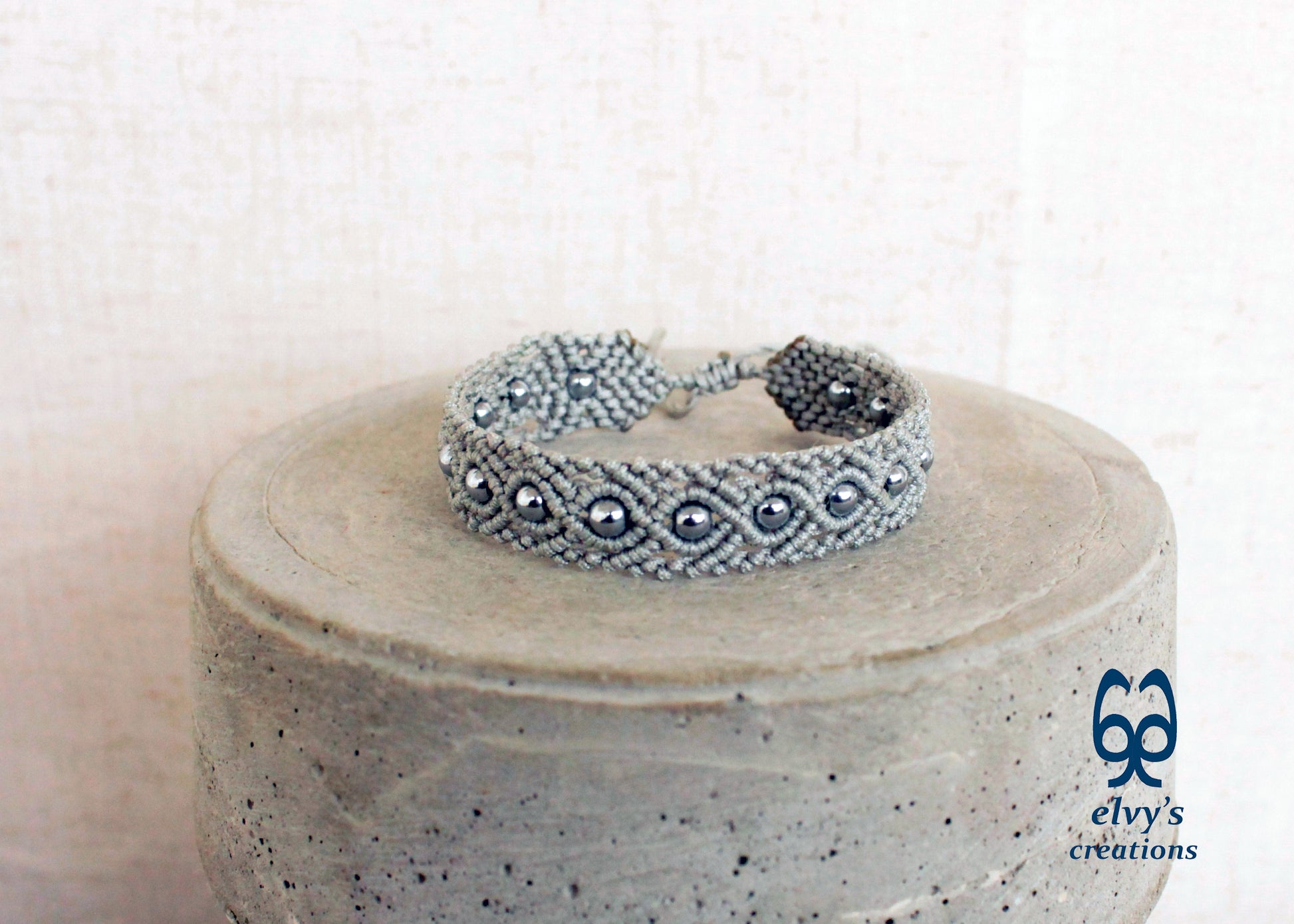 Silver Macrame Bracelet Adjustable Macrame Bracelet Silver Hematite Gemstones Gift for Women