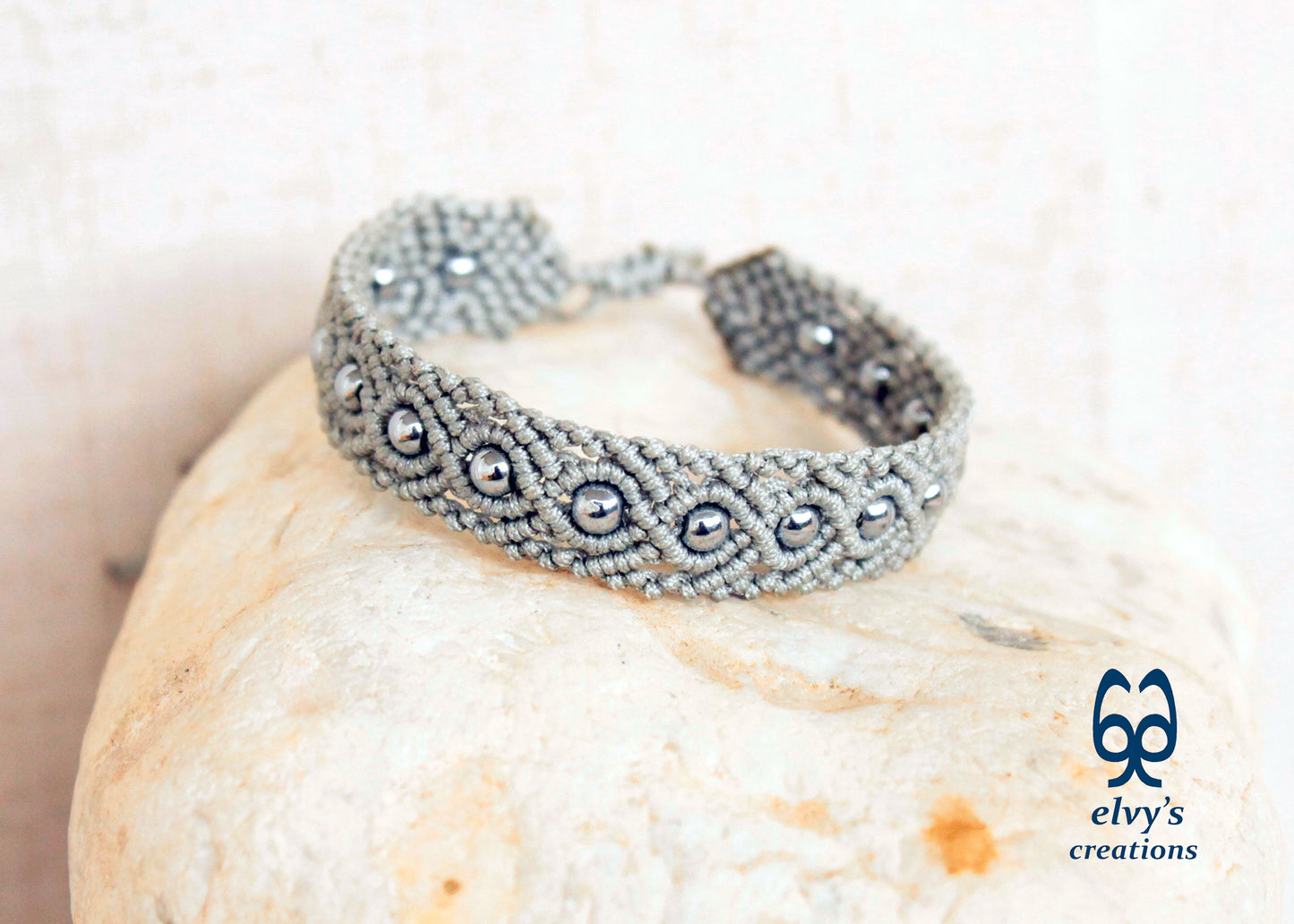 Silver Macrame Bracelet Adjustable Macrame Bracelet Silver Hematite Gemstones Gift for Women