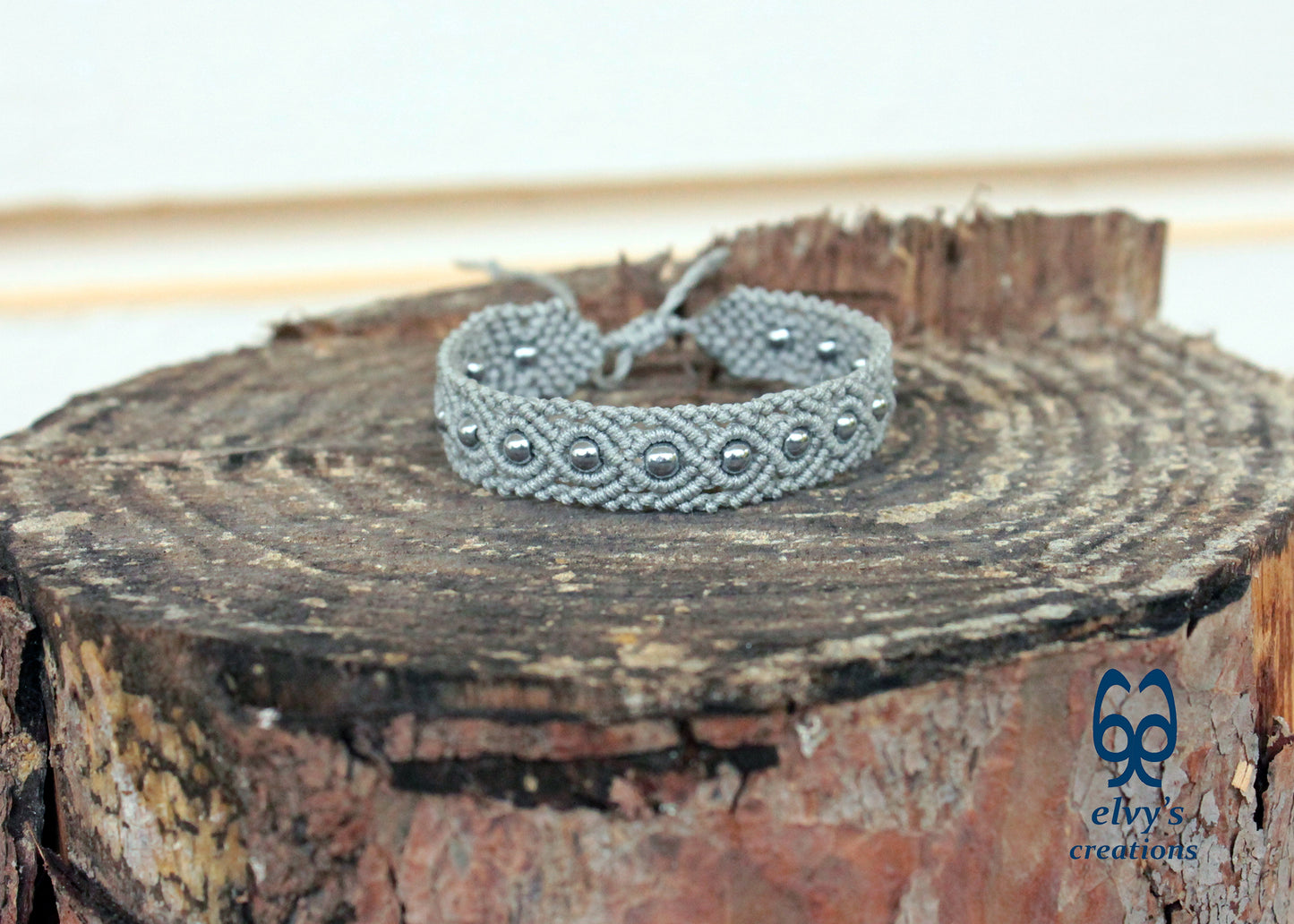 Silver Macrame Bracelet Adjustable Macrame Bracelet Silver Hematite Gemstones Gift for Women