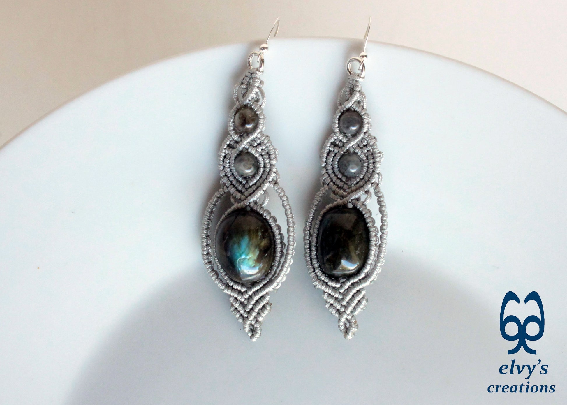 Macrame Beaded Earrings, Labradorite Gemstone Silver Earrings, Unique Birthday Gift for Women