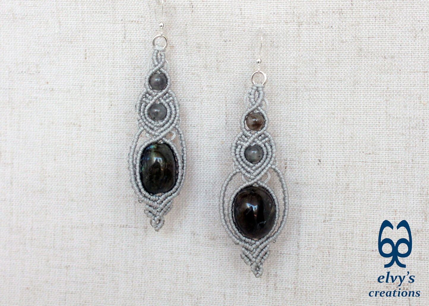 Macrame Beaded Earrings, Labradorite Gemstone Silver Earrings, Unique Birthday Gift for Women