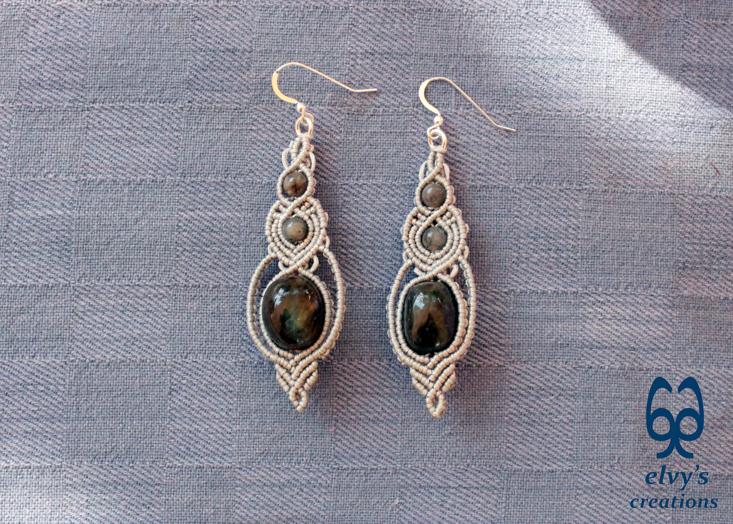 Macrame Beaded Earrings, Labradorite Gemstone Silver Earrings, Unique Birthday Gift for Women