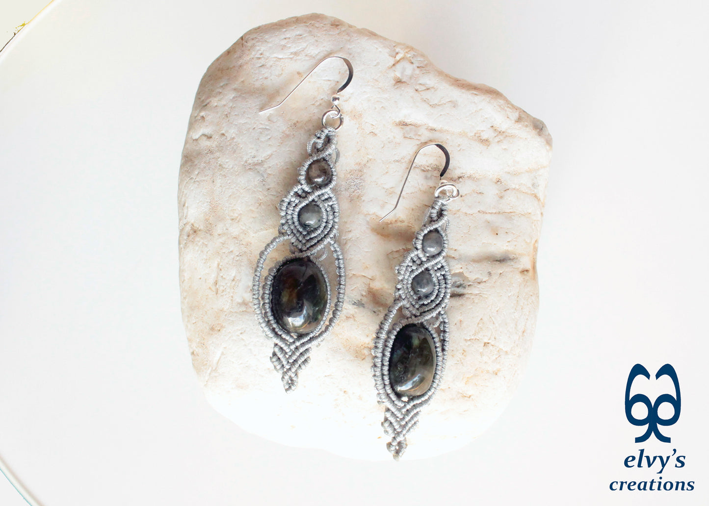 Macrame Beaded Earrings, Labradorite Gemstone Silver Earrings, Unique Birthday Gift for Women