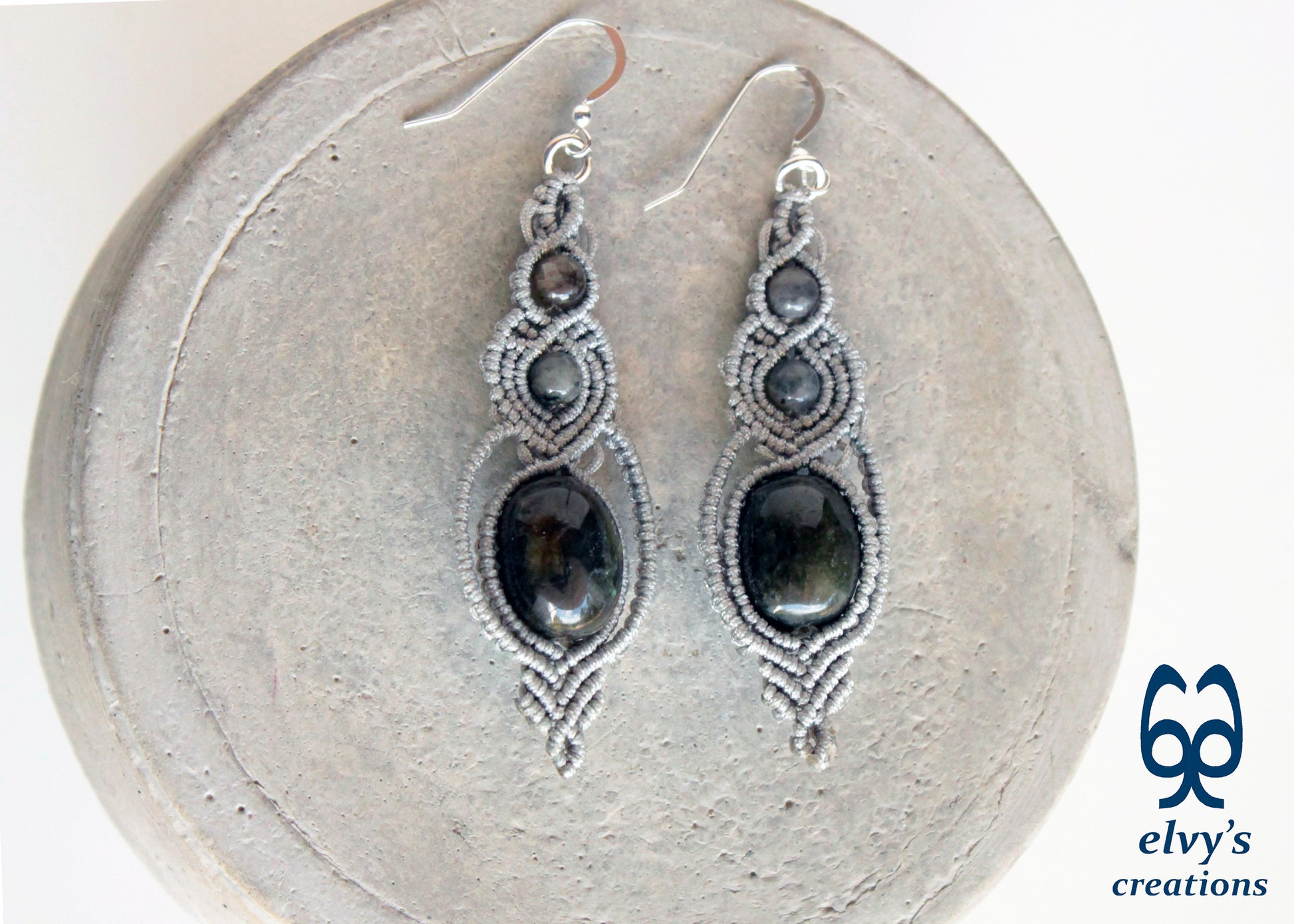 Macrame Beaded Earrings, Labradorite Gemstone Silver Earrings, Unique Birthday Gift for Women