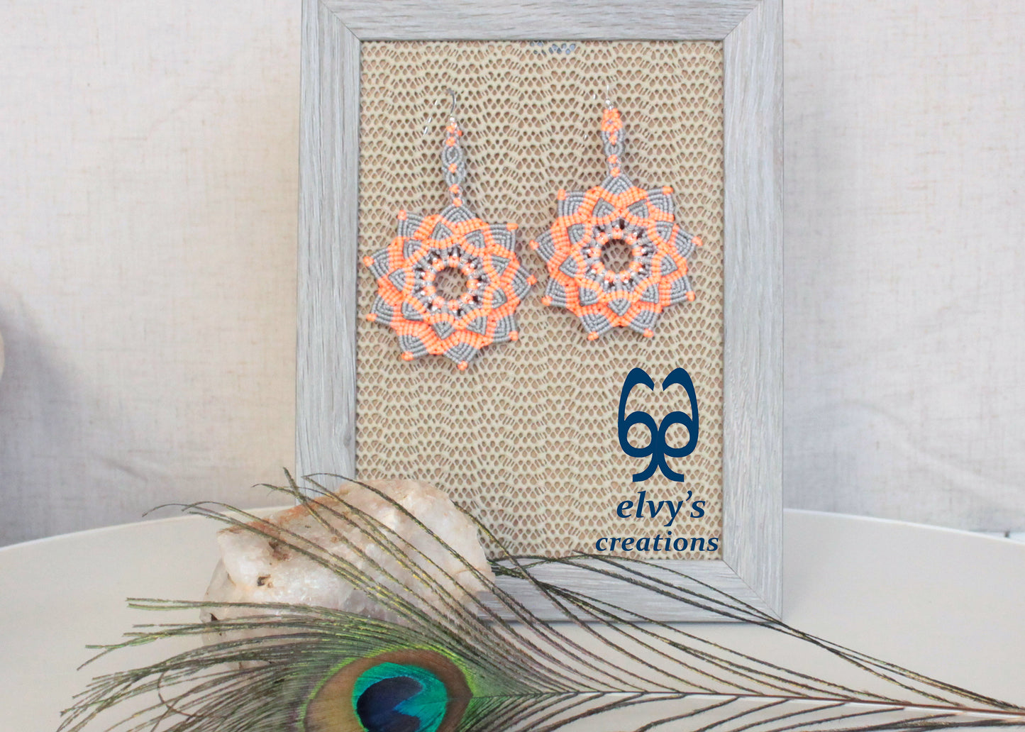 Mandala Flower Macrame Earrings, Silver Beaded Gemstone Earrings, Gift for Women