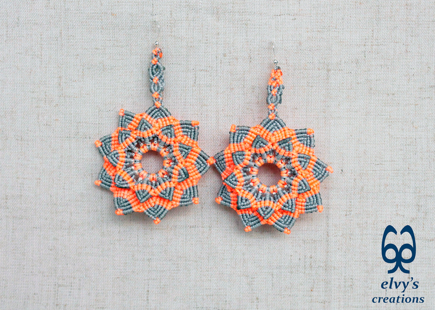 Mandala Flower Macrame Earrings, Silver Beaded Gemstone Earrings, Gift for Women