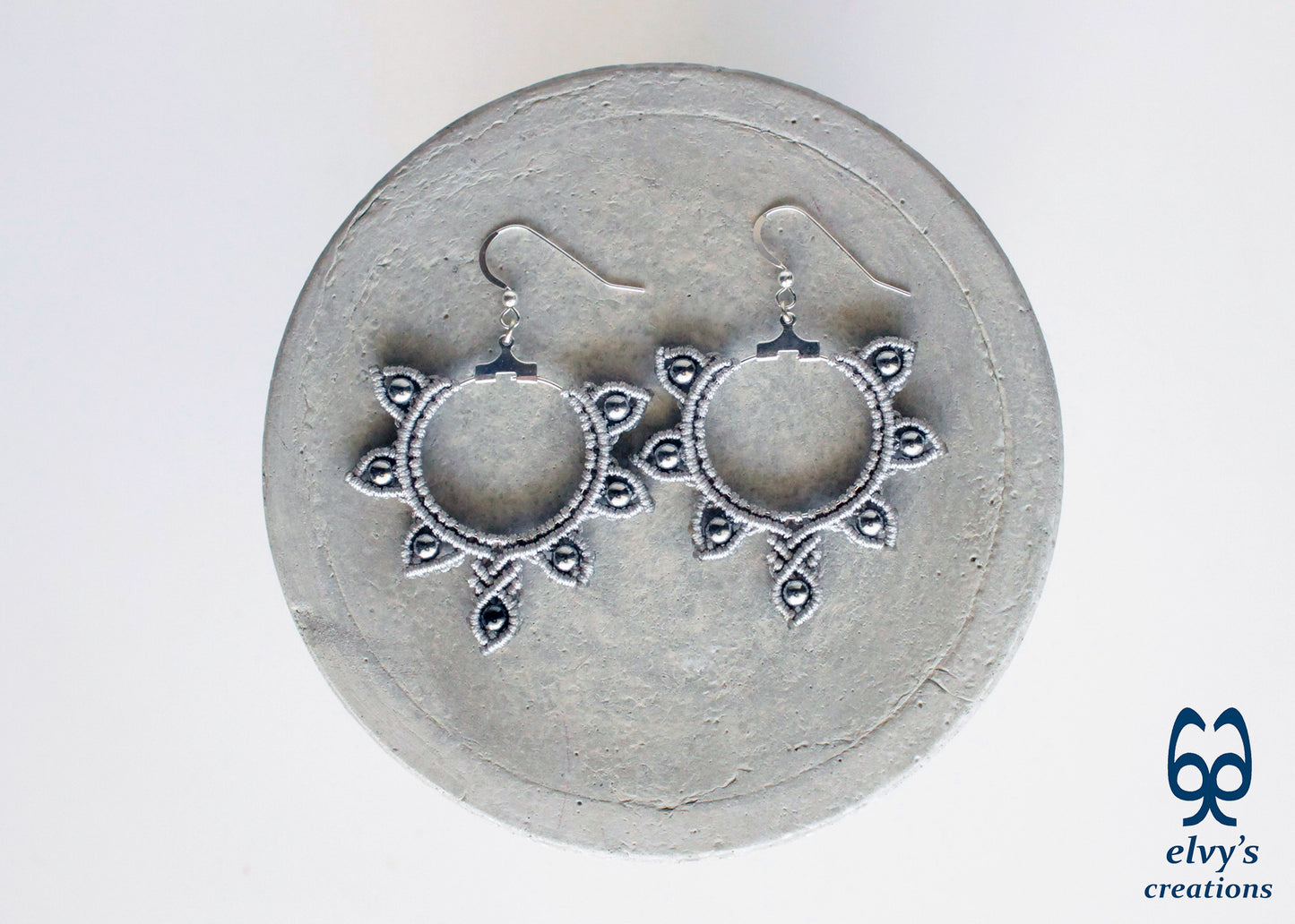 Silver Macrame Hoop Earrings Silver Hematite Gemstones Silver Yin Yang Earrings 