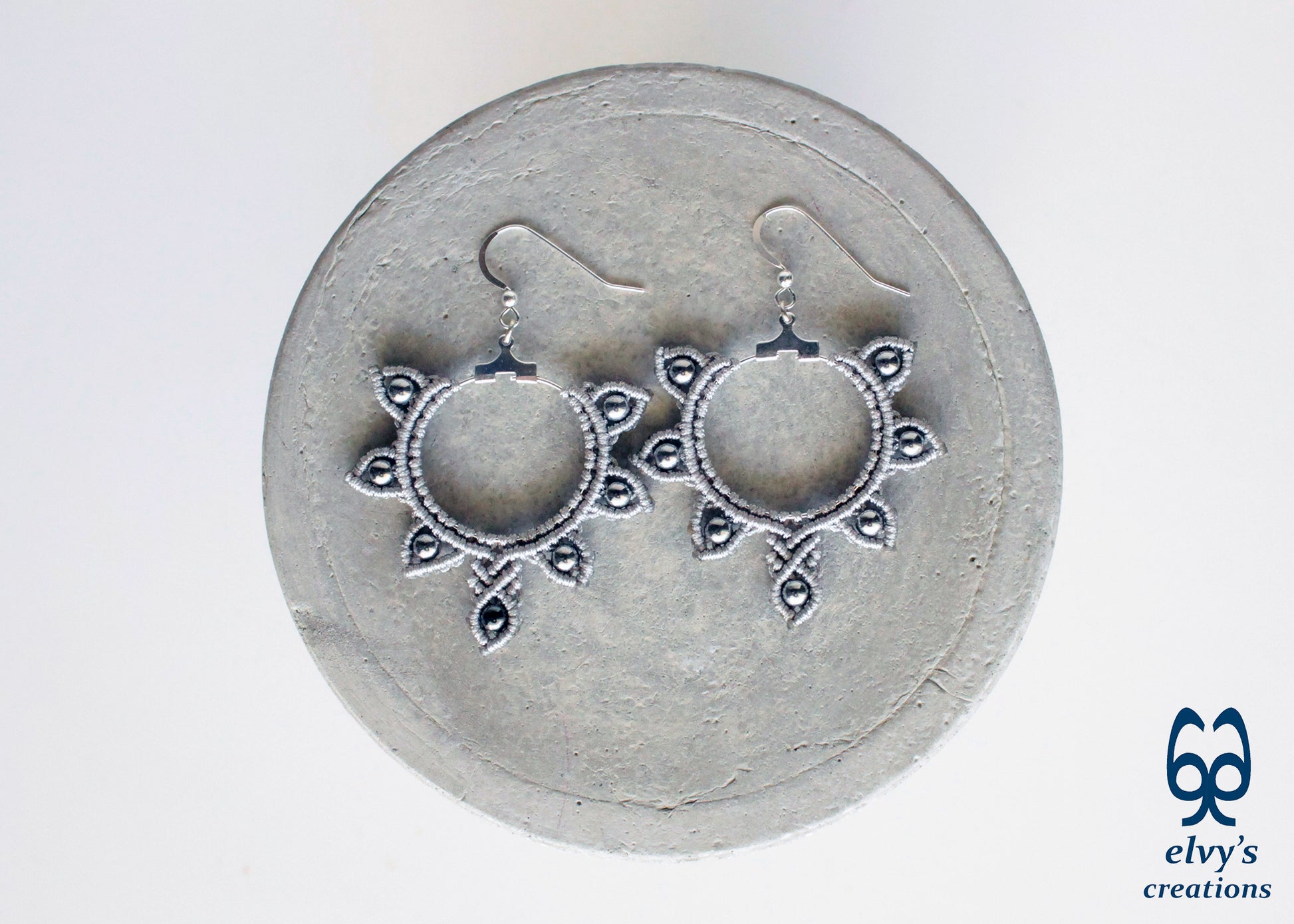 Silver Macrame Hoop Earrings Silver Hematite Gemstones Silver Yin Yang Earrings 