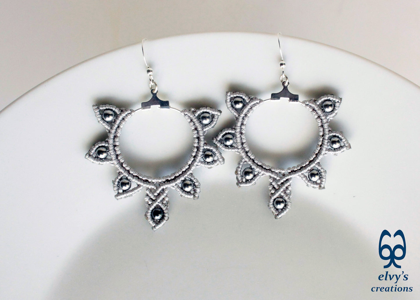 Silver Macrame Hoop Earrings Silver Hematite Gemstones Silver Yin Yang Earrings 
